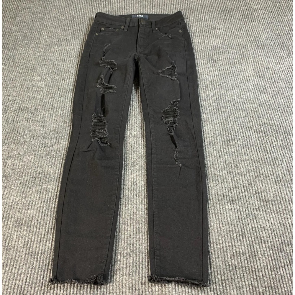 Aero Jeans Womens 2 Black Distressed Skinny Grunge Stretch Dark Wash 25x27 Mid